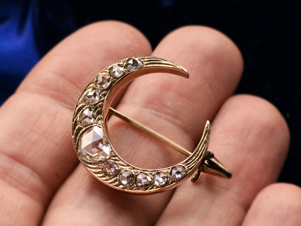 c1890 Rose Cut Diamond Crescent Brooch in Rose Gold (on hand for scale)