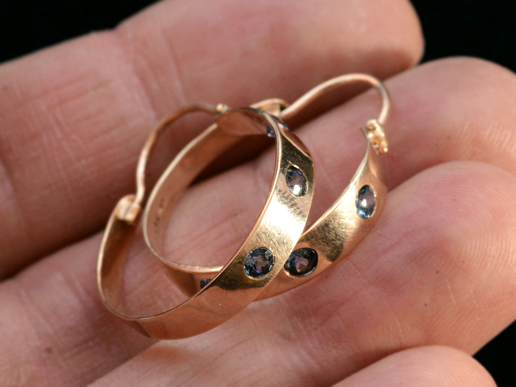 c1910 Sapphire Hoop Earrings (on finger for scale)