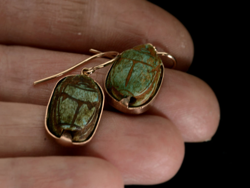 c1940 Egyptian Scarab Earrings (on hand for scale)