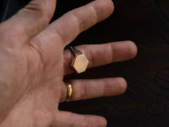 thumbnail of c1980 Hexagonal Silver Signet with Gold Top (shown on hand for scale)