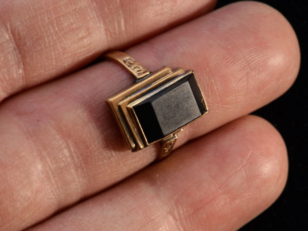 c1920 Deco Onyx Ring (on finger for scale)