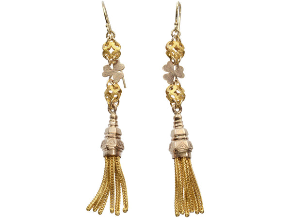 c1880 Gold Tassel Earrings in Rose and Yellow Gold, on white background.