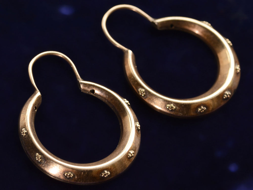 c1850 Victorian Hoop Earrings (shown on dark purple background)