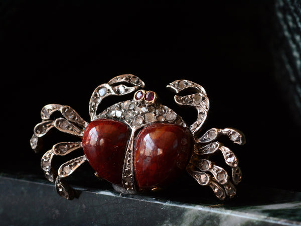 Grande Broche Ancienne En Argent Massif Motif Crabe Et Marcassites - Bouquet - Occasion Très Bon état