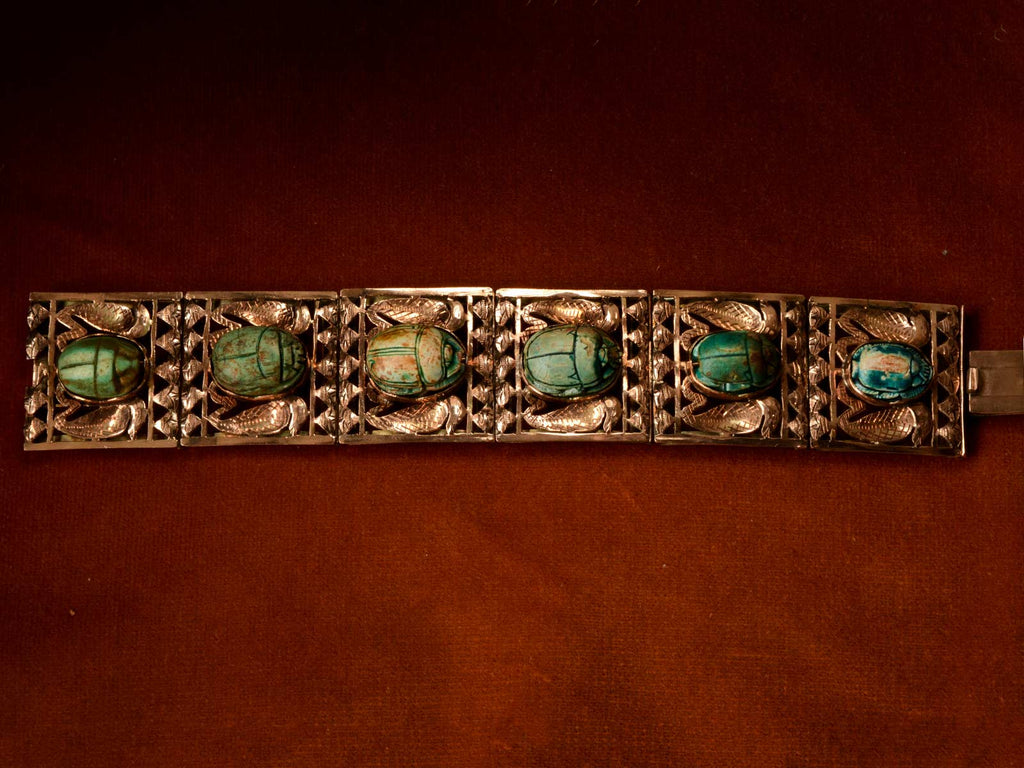 1890s Egyptian Revival Scarab Bracelet (on red background)