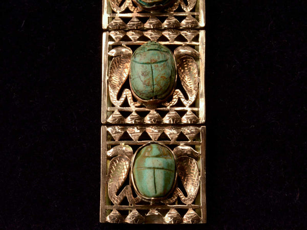 Bracelet Ancien Scarabée égyptien En Or 22 Carats - Revival Hiéroglyphes, 17,8 Cm