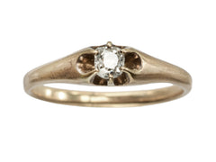 thumbnail of An antique rosy-yellow gold Victorian engagement ring with a small old mine cut diamond in a belcher setting. Shown on white background.