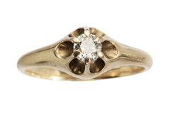 thumbnail of An antique Victorian solitaire engagement ring with a round diamond set in a six pronged rosy-yellow gold belcher mounting. Shown on white background.