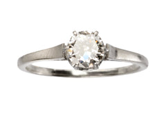 thumbnail of A simple Art Deco white gold solitaire with a round old European cut diamond, shown on white background.
