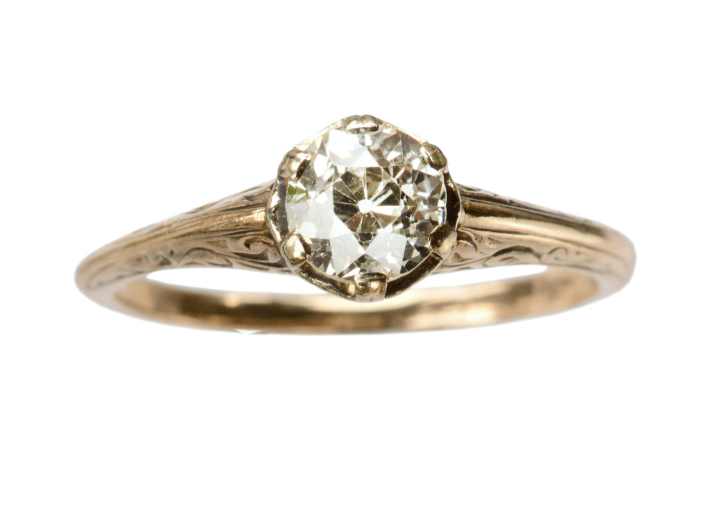An antique engagement ring with a 0.75ct old European cut diamond set in a detailed 14K rose gold mounting, shown on white background.
