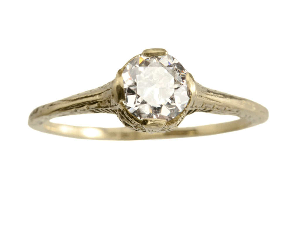 Front view of c1920 Art Deco yellow gold engagement ring with a 0.64ct round diamond (on white background)