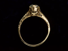 thumbnail of Side profile view of filigreed c1920 Art Deco yellow gold engagement ring with a 0.64ct round diamond (on dark background)