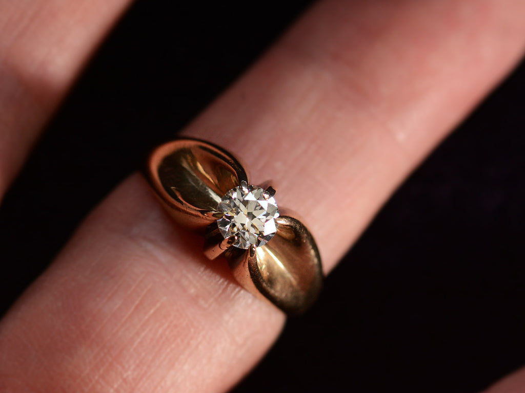 Old European Cut Diamond Solitaire in Wide 14K Yellow Gold Mounting (shown on finger for scale)