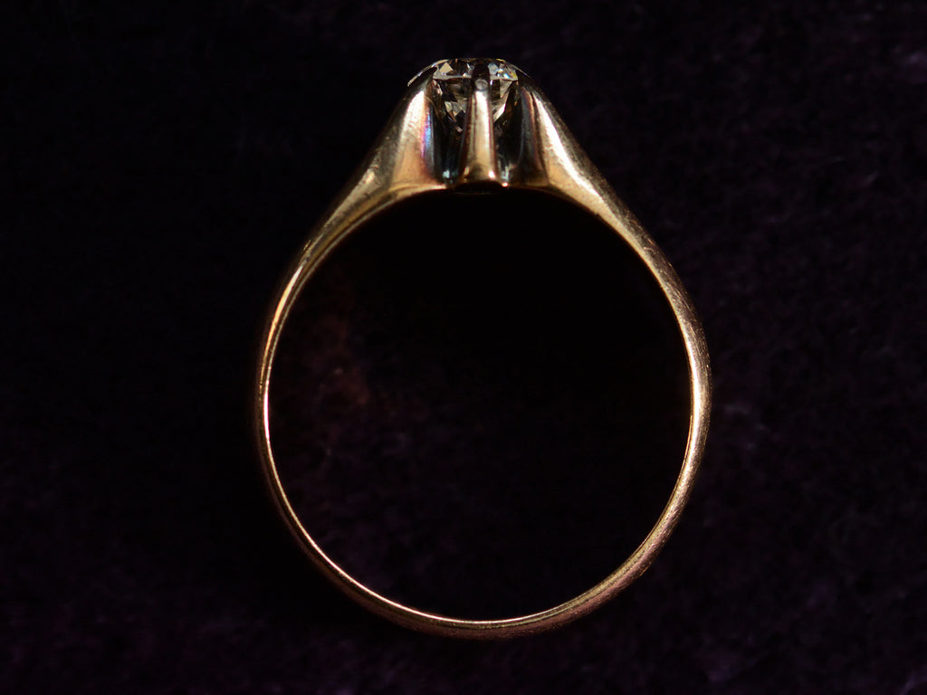 Side profile of Old European Cut Diamond Solitaire in Wide 14K Yellow Gold Mounting (shown on dark background)