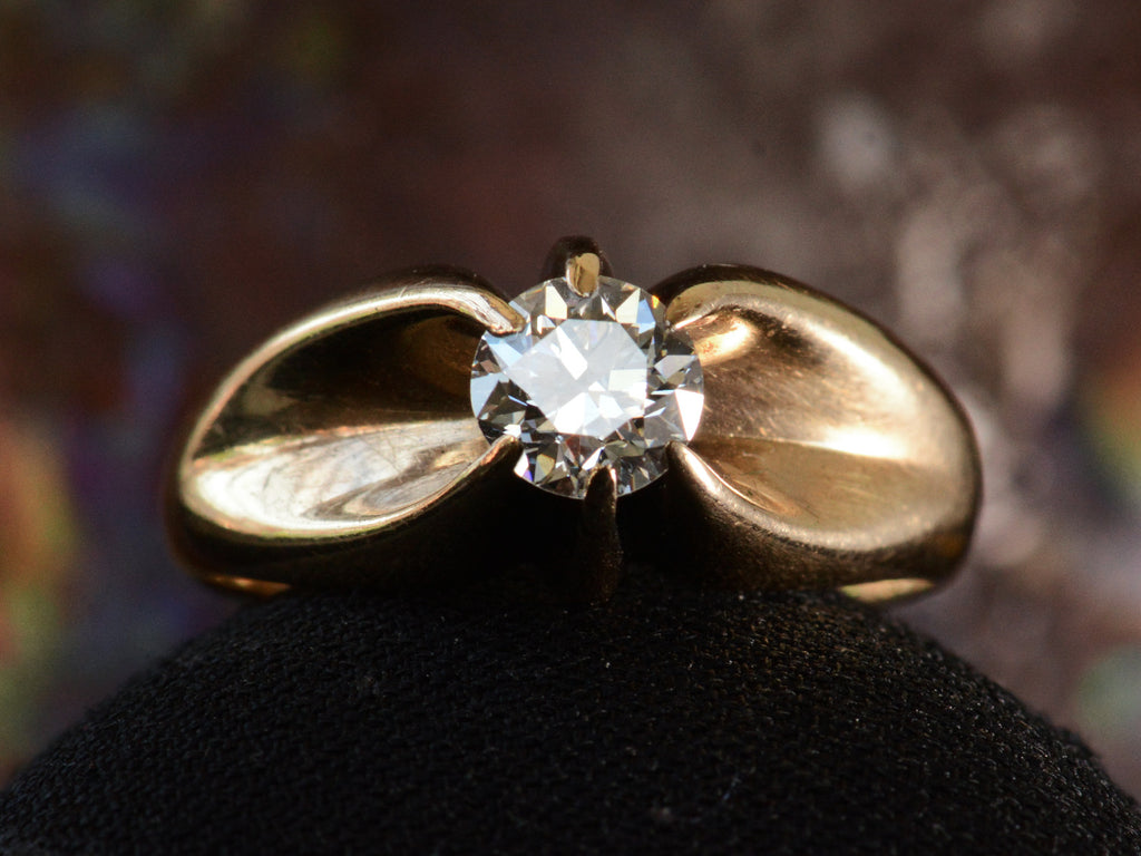 Front view of Old European Cut Diamond Solitaire in Wide 14K Yellow Gold Mounting (shown on dark background)