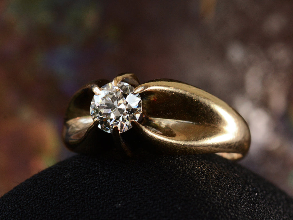 Right angled view of Old European Cut Diamond Solitaire in Wide 14K Yellow Gold Mounting (shown on dark background)