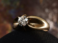 thumbnail of Right angled view of Old European Cut Diamond Solitaire in Wide 14K Yellow Gold Mounting (shown on dark background)