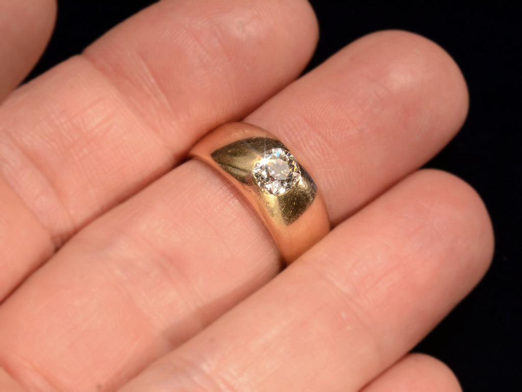 c1890 Yellow Gold Gypsy Ring with 0.80ct Old Mine Cut Diamond (on finger for scale)