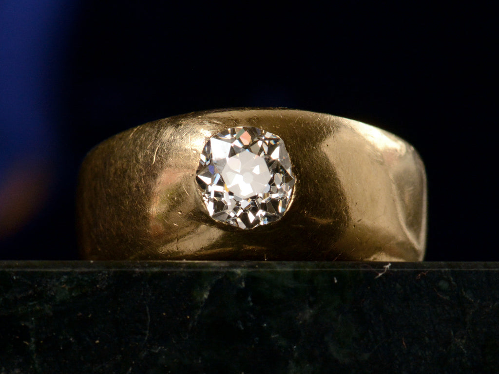 c1890 Yellow Gold Gypsy Ring with 0.80ct Old Mine Cut Diamond (front view on dark background)