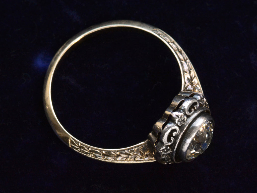 Angled elevated profile view of c1900 1.30ct Engagement Ring (shown on dark background)