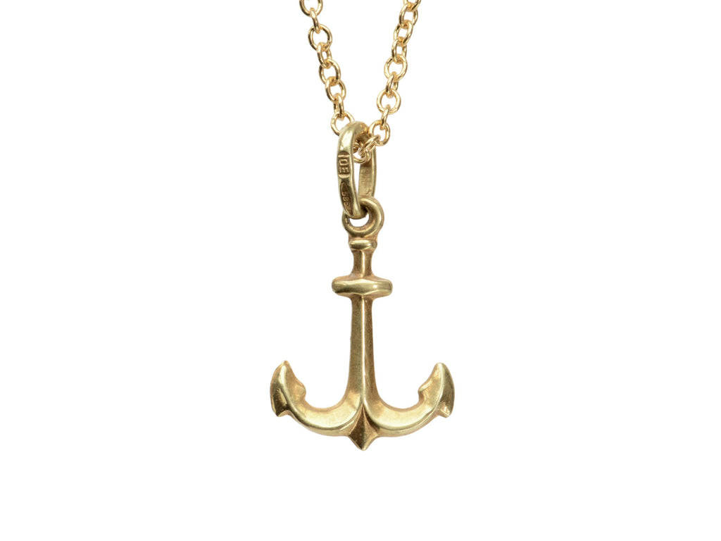 A vintage 14K yellow gold anchor charm on a cable chain, shown on white background. A mark on the bale is stamped "OE 585."