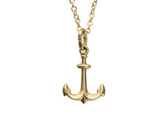 thumbnail of A vintage 14K yellow gold anchor charm on a cable chain, shown on white background. A mark on the bale is stamped "OE 585."