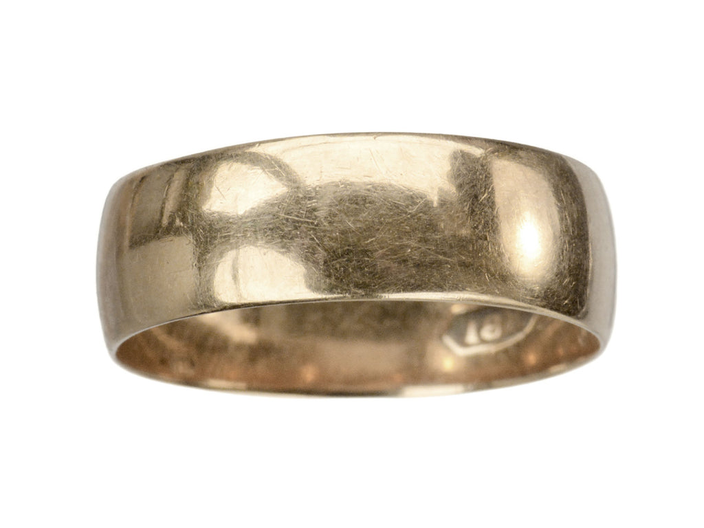 A wide Victorian wedding band in a rosy-yellow gold, shown on white background.