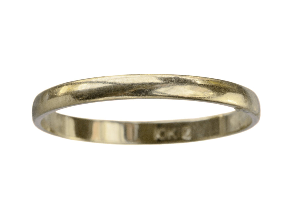 Narrow slightly rounded 10k yellow gold band, shown on white background. Faint "10K" visible inside the band. Shown on white background.