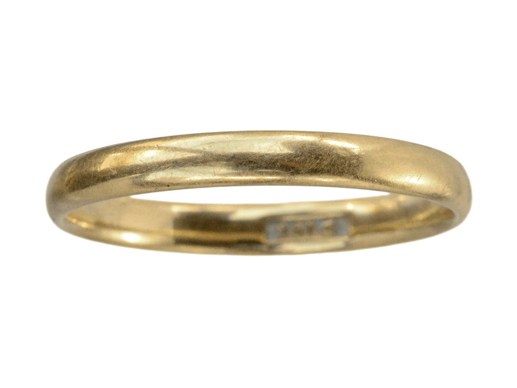 An antique 2.6mm wide, rounded 18K yellow gold wedding band, shown on white background.