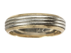 thumbnail of Vintage men's wedding band in yellow gold with center stripes of white gold, shown on white background. "14K" stamp visible inside.