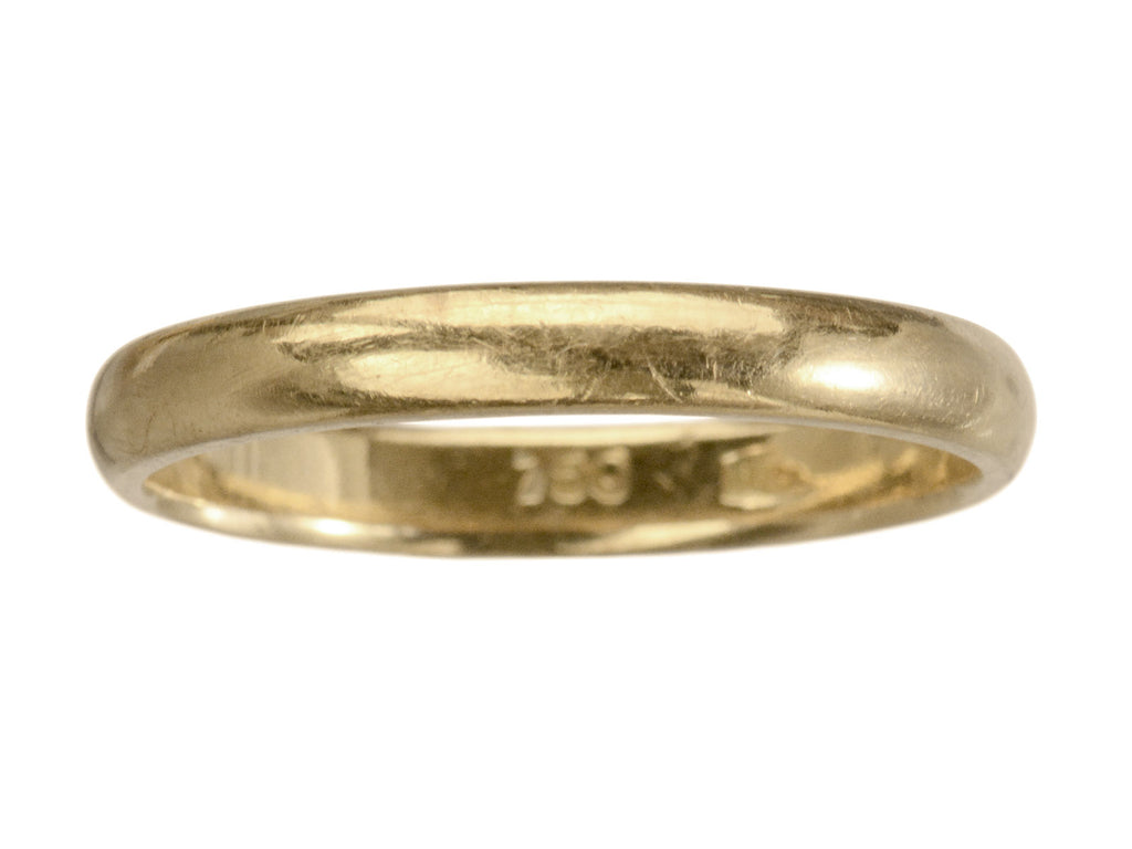 c1970 Italian 3.0mm Wide 18K Yellow Gold Wedding Band (shown on white background). "750" Hallmark visible inside ring.