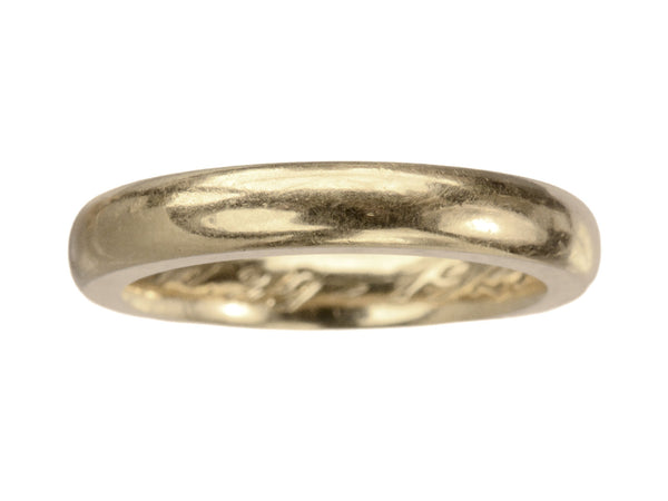 A heavy antique wedding band in a rosy-yellow gold measuring 3.2mm wide. Shown on white background.