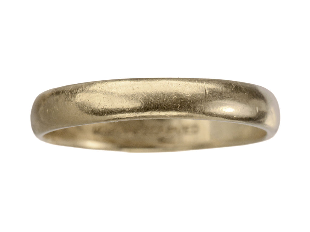 A patinated 14k yellow gold men's wedding band with a slightly rounded profile, shown on white background.