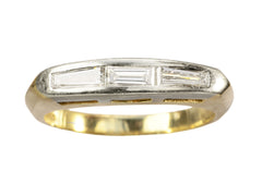 thumbnail of Two toned vintage ring with three diamond baguettes. Shown on white background.