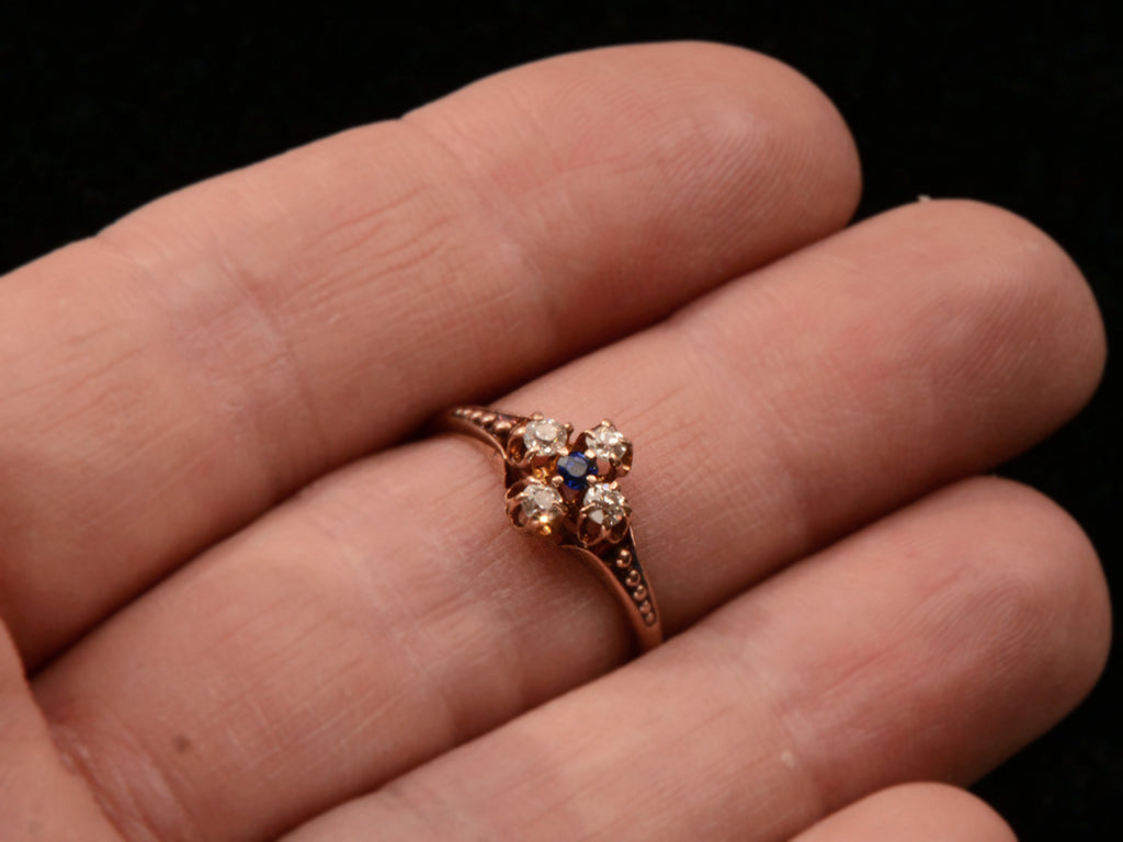 c1890 Sapphire & Diamond Ring in Rose Gold (on finger for scale)