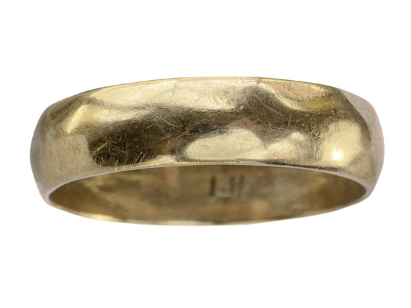 A 5.5mm wide vintage men's wedding band with a modeled surface, shown on white background. A faint 14K mark is visible inside the band.