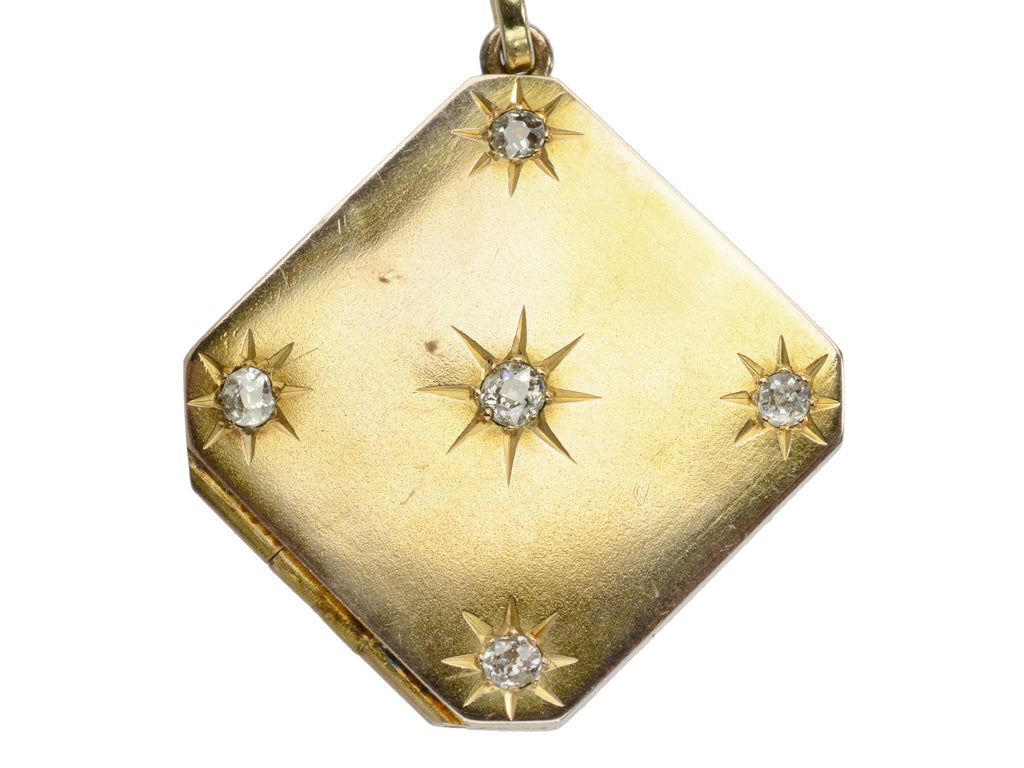 c1900 Diamond-Shaped Five Diamond Locket in yellow gold, shown on white background.