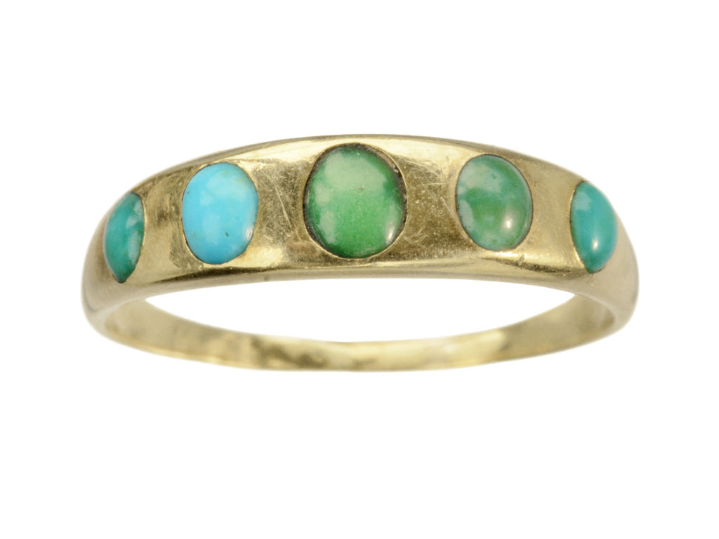 c1900 18K Gold Ring with Five Oval Turquoise Cabochons, shown on white background