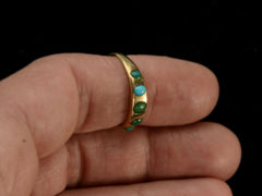 thumbnail of c1900 18K Gold Ring with Five Oval Turquoise Cabochons, shown on finger