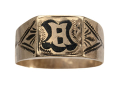 thumbnail of Antique c1890 Victorian signet ring in rose gold with black enamel details and the letter "B" on the face. Shown on white background.