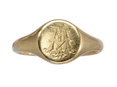 thumbnail of An antique 18K gold signet ring with a monogram (letters A and J) engraved on the face. Shown on white background.