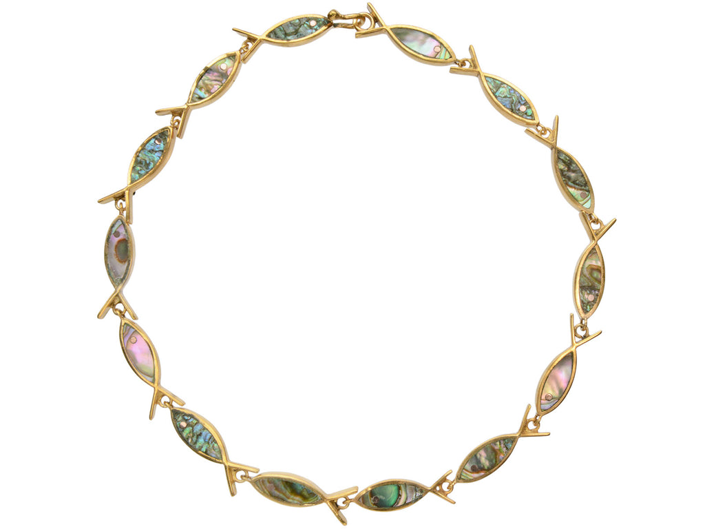 c1970 Gilt Abalone Fish Necklace on White Background.