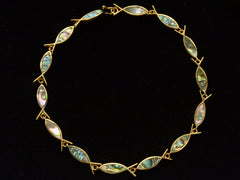 thumbnail of c1970 Gilt Abalone Fish Necklace on Black Background.