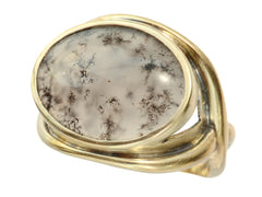 thumbnail of Angled front view of oval dendritic agate ring in yellow gold. Shown on white background.