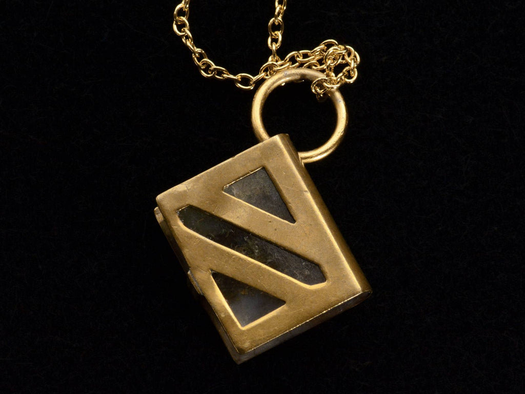 Reverse side of c1890 Agate and Yellow Gold Book Pendant (on black background)