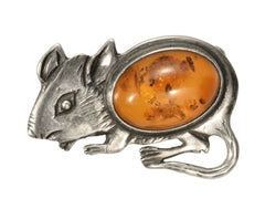 thumbnail of Vintage Sterling Silver and Amber Mouse Brooch (on white background)
