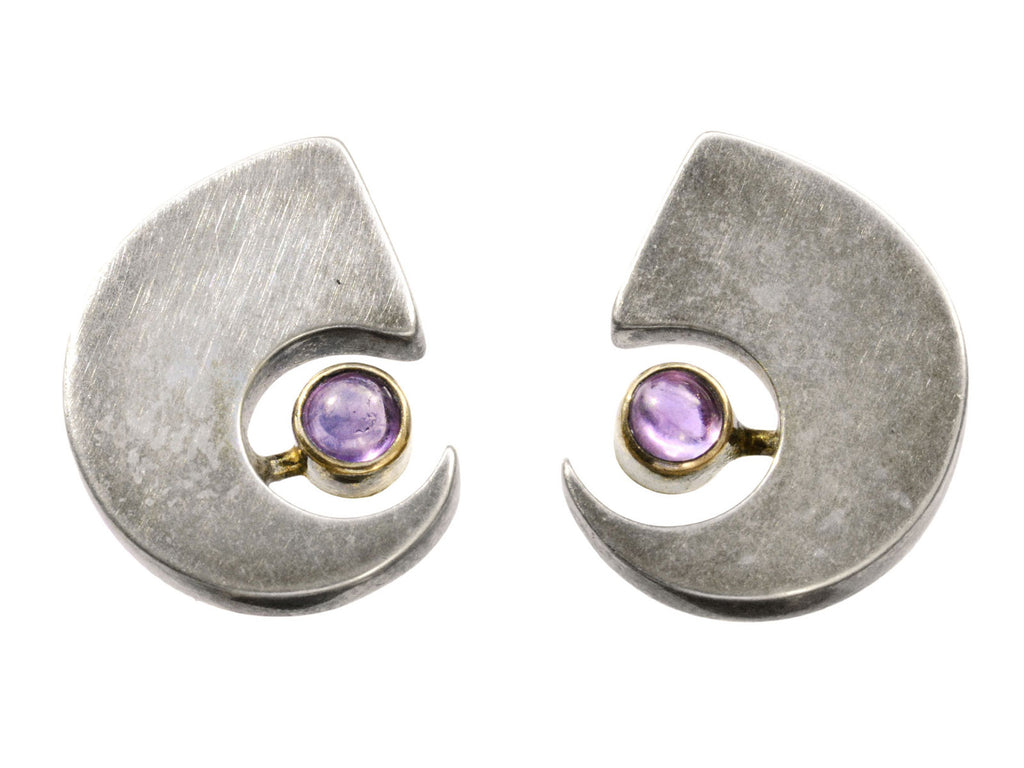 c1990 Silver Claw Stud Earrings with Gold Bezel Mounted Purple Amethysts (on white background)