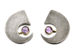 thumbnail of c1990 Silver Claw Stud Earrings with Gold Bezel Mounted Purple Amethysts (on white background)