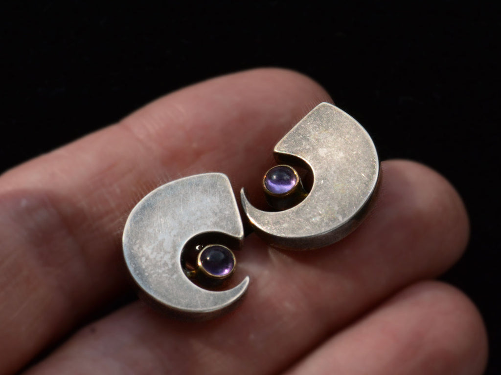 c1990 Silver Claw Stud Earrings with Gold Bezel Mounted Purple Amethysts (on hand)