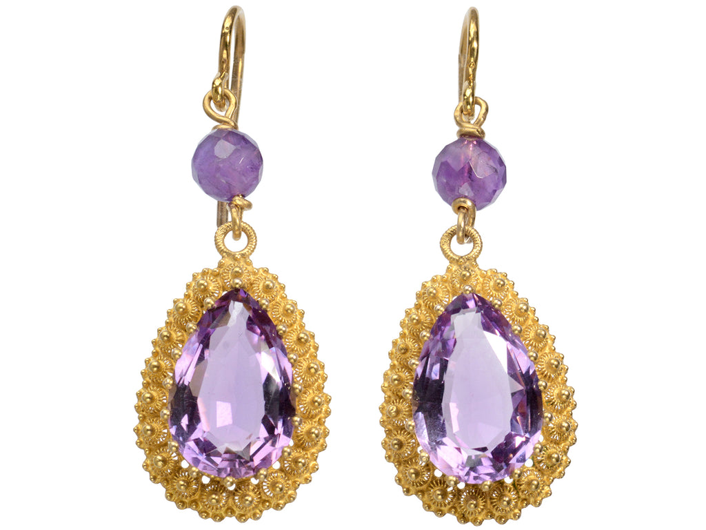 c1880 Amethyst Cannetille Earrings in Yellow Gold, shown on white background